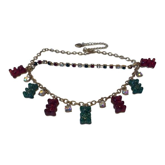 Betsey Johnson Sparkly Green & Red Mini Gummy Bear Charm Necklace. - Picture 6 of 6